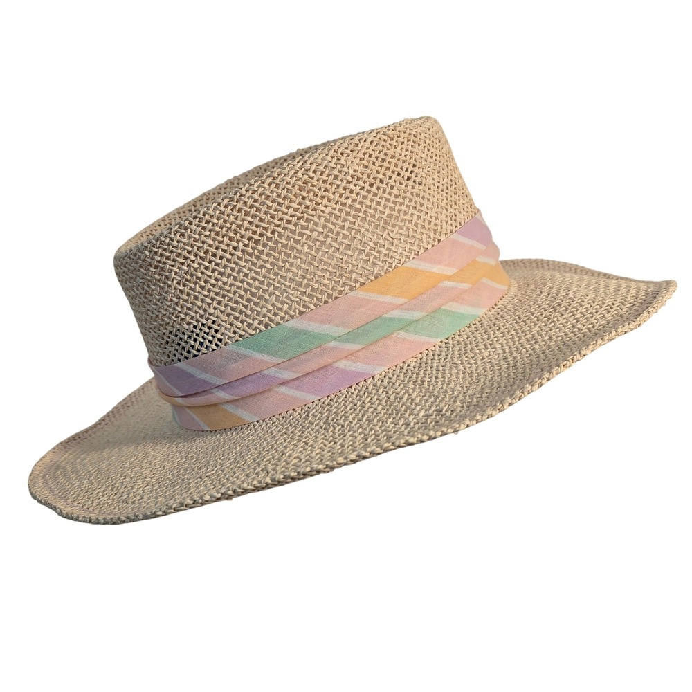 Woven Straw Sun Hat with Pastel Striped Ribbon Band Wide Brim Fedora Style - Picture 2 of 16